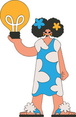 A beautiful girl is holding a light bulb. Idea theme.