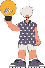 A handsome guy is holding a light bulb. Idea theme.
