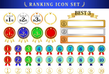 月桂樹ランキングメダル1位から10位のアイコンセット