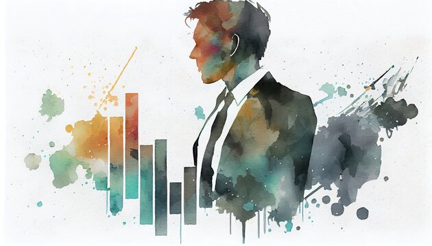 A businessman silhouette and stock market charts, abstract watercolor illustration. Generative art