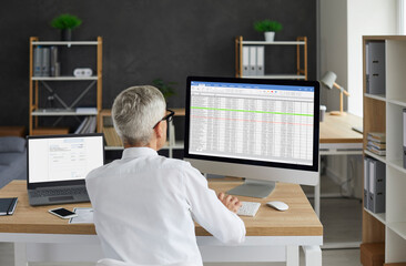 Senior male accountant working in the office. Back view of a senior man sitting at his desk, using...