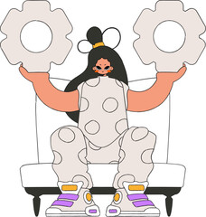 An elegant woman holds gears in her hands. Idea theme.