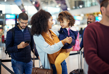 Airport line, mother and girl at international flight check for plane board or airplane ticket...
