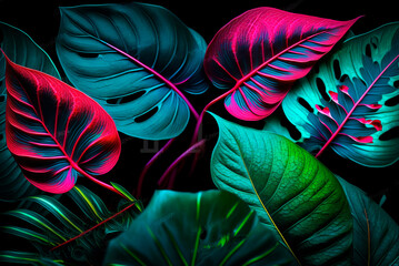 neon tropical anthurium leaves, ai generative