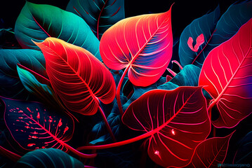 neon tropical anthurium leaves, ai generative