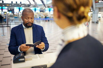 Black man, airport and passport document for woman at concierge help desk, lobby and identity for travel. African businessman, documents and immigration at inspection for international transportation