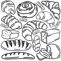 bread doodle set vector illustration, bread doodle for sticker pack, graphic deign element, icon or logo