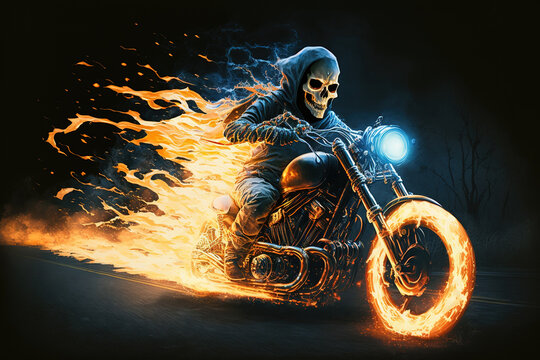 Fire skeleton rider on motorcycle, scary ghost biker riding at night, generative AI