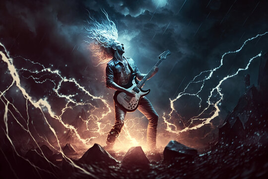 Rock musician plays music in rain, rocker guitarist performs at concert, generative AI