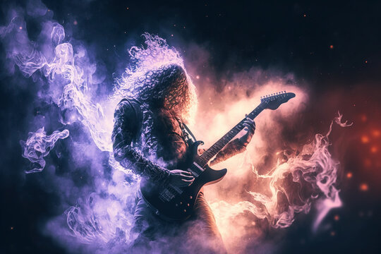 Rock musician plays music on stage, rocker guitarist performs at concert, generative AI.