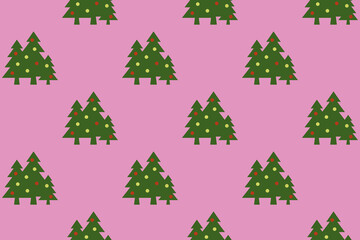 pattern. Image of green Christmas trees with balls on purple background. Symbol of New Year and Christmas. template for overlaying on surface. 3d image. 3d rendering. Horizontal image.