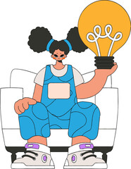 An attractive woman is holding a light bulb. Idea theme.