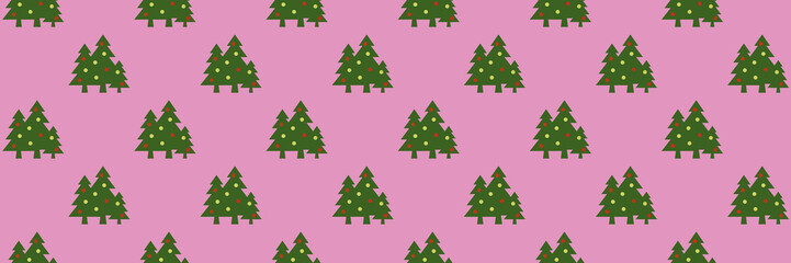 pattern. Image of green Christmas trees with balls on purple background. Symbol of New Year and Christmas. template for overlaying on surface. 3d image. 3d rendering. Banner for insertion into site.