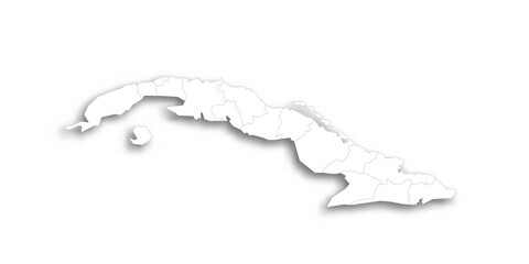 Cuba political map of administrative divisions - provinces. Flat white blank map with thin black outline and dropped shadow.
