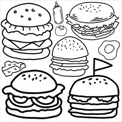 burger doodle set vector illustration, burger sticker pack, burger icon