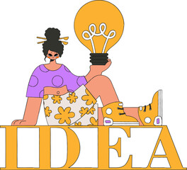Fashionable girl holding a light bulb. Idea theme.