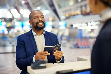 Black man, passport and airport desk for travel, security and identity for global transportation...