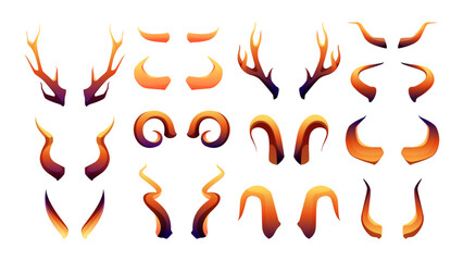 Devil horns. Evil monsters antlers, parts of demon body for Halloween masquerade decoration, cartoon flat mysterious attributes. Vector collection. Wild animal objects isolated on white