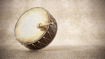 Fototapeta na wymiar Ramadan drum. Copy space on the right. 3D illustration