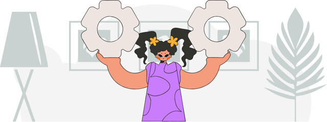 An elegant woman holds gears in her hands. Idea theme. Retro trendy style.