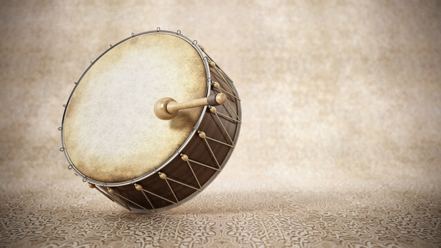 Ramadan drum. Copy space on the right. 3D illustration