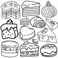cake doodle set vector illustration, suitable for sticker pack or set, graphic design element, icon or logo.