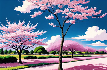 Obraz na płótnie Canvas Japanese Sakura festival of Cherry tree blossom explosion. AI generated landscape