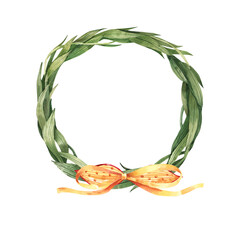 Greenery wreath with yellow bow watercolor illustration isolated on white background.
