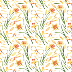 Delicate, floral, seamless pattern with yellow daffodils, ribbons and bows on a white background. Watercolor illustration background.