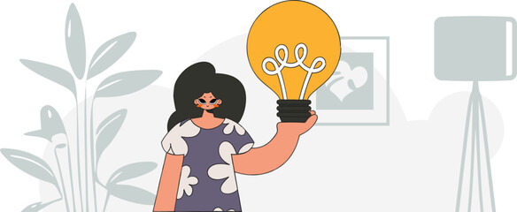 An elegant girl is holding a light bulb. Idea theme. Retro trendy style.