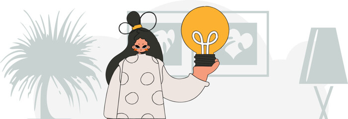 An elegant girl is holding a light bulb. Idea concept. trendy character.