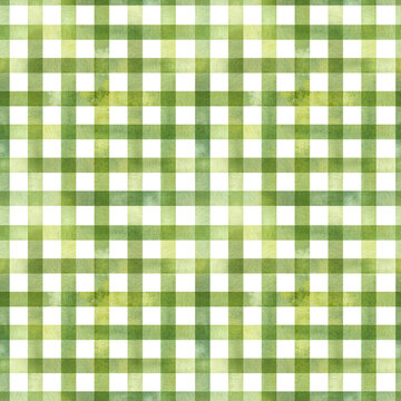 Checkered seamless pattern, green checkered on a white background. A simple watercolor pattern.