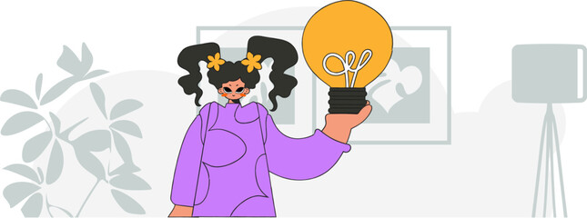 An elegant girl holds a light bulb in her hands. Idea theme. Retro trendy style.