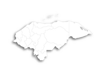 Honduras political map of administrative divisions - departments. Flat white blank map with thin black outline and dropped shadow.