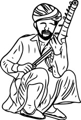 indian man playing traditional music instrumen, man playing music instrument sarangi black and white clip art line art, cultural rajasthani folk musician 