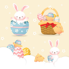 A set of cute Easter illustrations with eggs, hares, baskets, nests and chicks