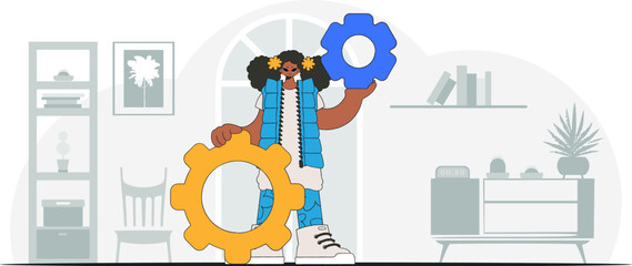 Fashionable woman holding gears. Illustration on the theme of the appearance of an idea.