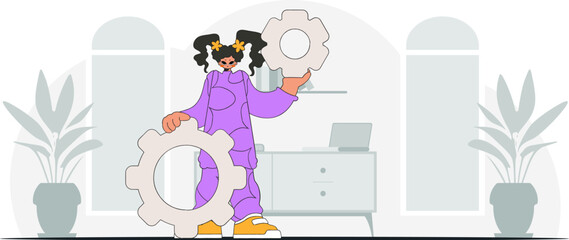 Fashionable woman holding gears. Idea theme. Retro trendy style.