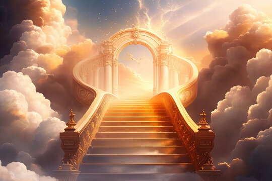 stairway to heaven in glory, gates of Paradise, meeting God, symbol of Christianity, generative ai