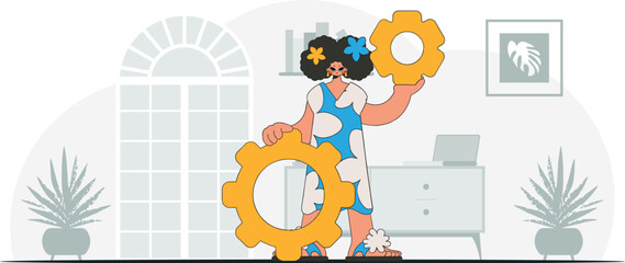 Fashionable woman holding gears in her hands. Idea concept. trendy character.