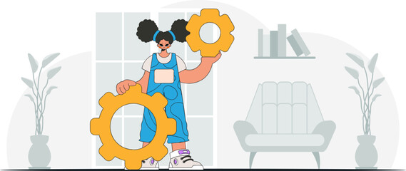Fashionable girl is holding gears. Illustration on the theme of the appearance of an idea.