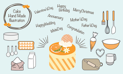 手作りケーキとキッチン用品　かわいいイラストと文字のセット