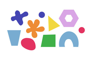 Retro vintage y2k geometric abstract shapes set. Colorful triangles, circles, rainbow.