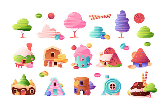 Cartoon candy city set. Fairytale houses with sweet trees bushes lollipops, cute kids fantasy fairy town with decorative sugar elements. Vector collection. Delicious confectionery, childish buildings