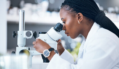 Obraz na płótnie Canvas Black woman, medical science and microscope in laboratory for research, analytics and medicine. Woman, doctor and scientist study at work for an investigation, healthcare and futuristic or innovation