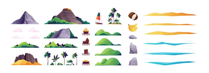 Foto op Aluminium Beach island elements. Tropical landscape constructor with mountains hills palm trees stones, nature environment and recreation concept. Vector set. Land, sand with sea or ocean water © Frogella.stock