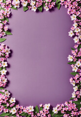 Fototapeta premium Spring flowers and blossoms framing a violet colored background. Large copy space. Generative AI