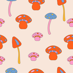 Seamless pattern with mushrooms in bright neon colors in hippie style