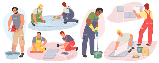 Ceramic tile master working on home renovation set