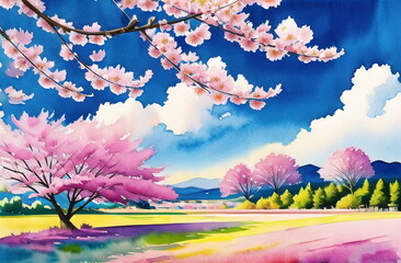 Fototapeta na wymiar Pink cherry tree blossom flowers blooming in spring, sakura, easter time. ai generated landscape for children book, stories fairytales